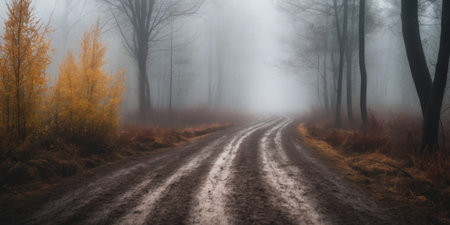 AI Generated. Muddy forest road disappearing into the fog on a gloomy dayの素材
