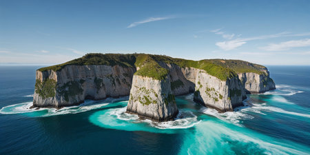 AI Generated. Breathtaking aerial view of grand coastal cliffs towering over mesmerizing turquoise watersの素材