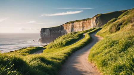 AI Generated. A Winding Path Leading to the Ocean on a Coastal Cliffの素材