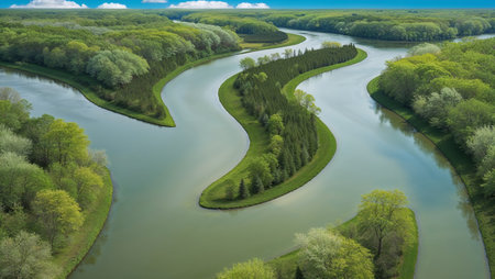 AI Generated. Aerial View of a Winding River Through Lush Green Forestの素材