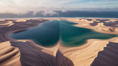 AI Generated. Aerial View of Desert Dunes Meeting the Oceanの素材