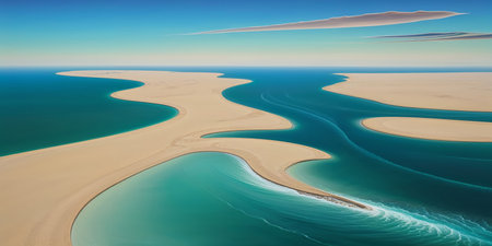 AI Generated. Aerial View of a Winding River Meeting the Oceanの素材