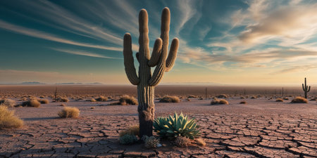 AI Generated. A lone cactus growing in a cracked desert landscapeの素材