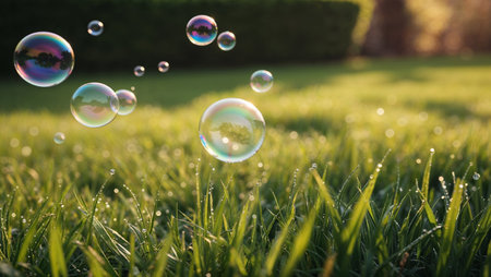 AI Generated. A refreshing scene with bubbles and sunlight over grassの素材