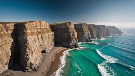 AI Generated. Aerial view of expansive dramatic coastal cliffs towering over vivid turquoise watersの素材