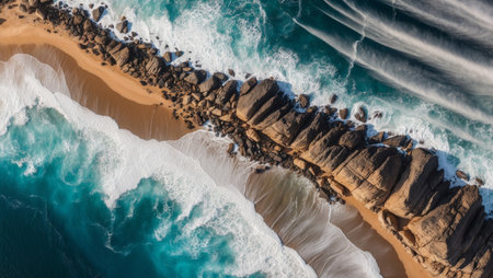 AI Generated. Aerial view of the ocean rocky shore Capturing the raw beauty and power of nature with the contrast between land and seaの素材