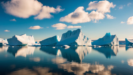 AI Generated. Arctic Icebergs Reflecting in Calm Water with Blue Sky and Cloudsの素材