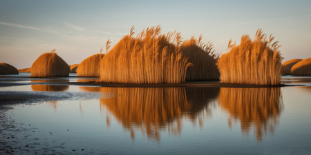 AI Generated. Shoreline reflecting through prowling range reed hills clearingの素材