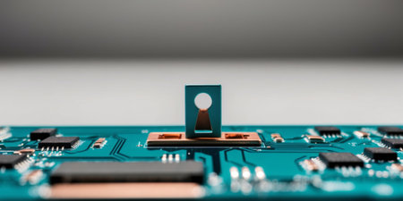 AI Generated. a close up of a circuit board with a keyhole on itの素材