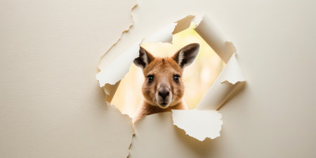 AI Generated. Curious Kangaroo Peeking Through Torn Paperの素材