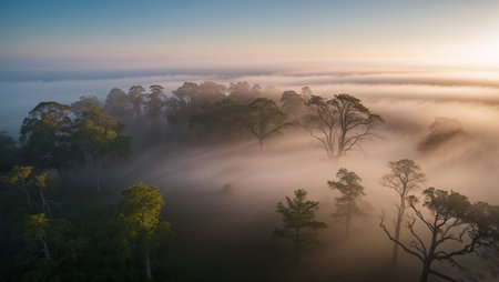 AI Generated. Aerial view of deep fog forest at sunriseの素材