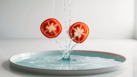AI Generated. Three tomato slices splashing into waterの素材