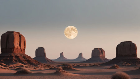 AI Generated. A Desert Landscape with Tall Rock Formations and a Large Moonの素材