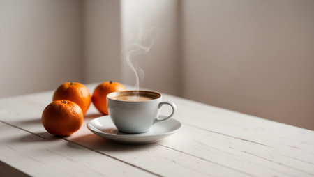 AI Generated. A cup of steaming coffee and oranges on a tableの素材