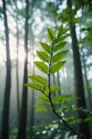 AI Generated. Morning forest through flying through in resting over lush as with among forest flying macro overの素材