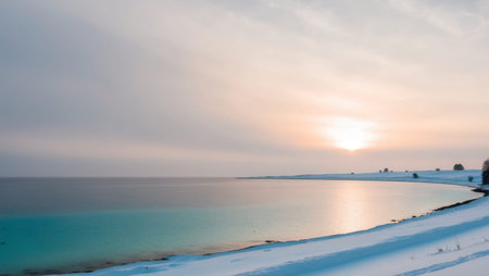 AI Generated. Snowy Coastline with Glowing Sun and Blue Waterの素材