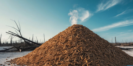 AI Generated. Wood pellet production impact on forest wood pellets in foreground showing deforestationの素材