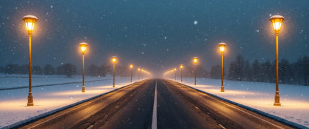 AI Generated. Empty Road in Snowy Night with Street Lightsの素材
