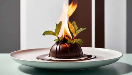 AI Generated. Flaming chocolate dessert with mint leavesの素材
