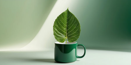 AI Generated. Green Leaf in a Green Mug on a Green Backgroundの素材