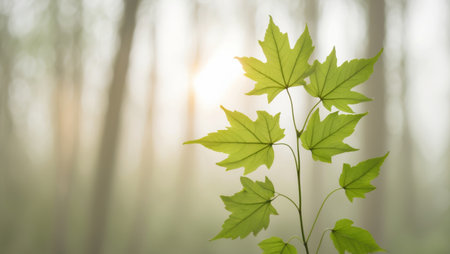 AI Generated. Green leaves lit by sunlight in a forestの素材