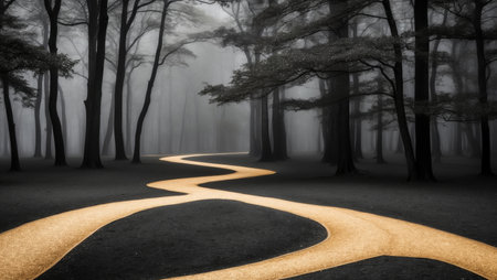 AI Generated. Golden Path Through a Forest of Dark Treesの素材