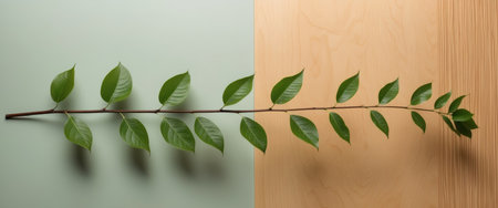 AI Generated. Green Leaf Branch on a Green and Wooden Backgroundの素材