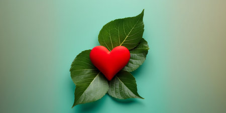 AI Generated. Green Leaves and Red Heart on Teal Backgroundの素材