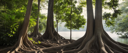 AI Generated. Jungle eye roots lake fields soaring trees towering forest resting shot shining pollinating leaves forest through wind illuminatingの素材