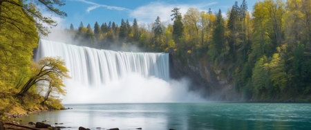 AI Generated. large waterfall surrounded by forest that falls into a large lakeの素材
