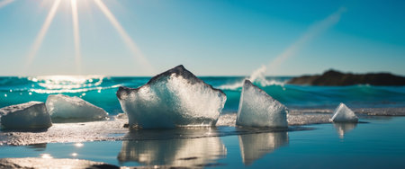 AI Generated. Ice Melting On Shore With Blue Water And Sun Glareの素材