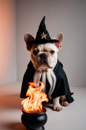AI Generated. A French Bulldog Dressed as a Wizard with a Fire and Cauldronの素材