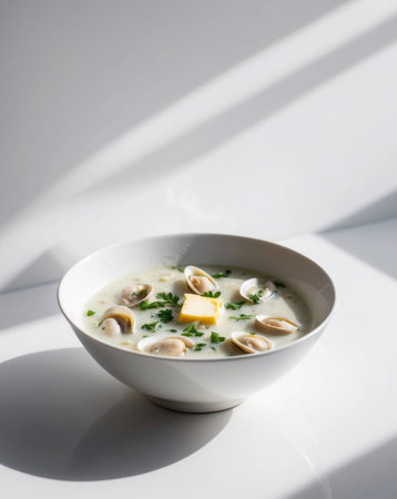 AI Generated. Artistic presentation of clam chowder showcasing culinary elegance and flavorful ingredientsの素材