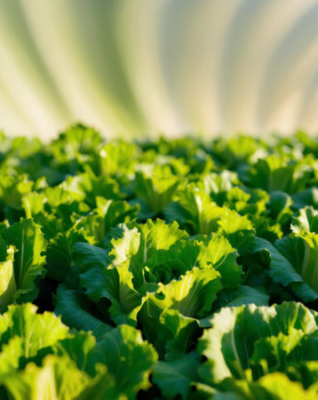 AI Generated. A field of green lettuce is growing in the sunの素材
