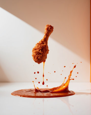 AI Generated. Crispy fried chicken drumstick splashes into spicy sauce creating a colorful culinary momentの素材