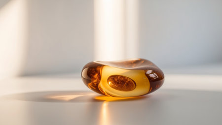 AI Generated. Natural amber stone glistening under soft light on a white surfaceの素材