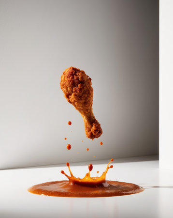 AI Generated. Crispy fried chicken drumstick splashes into spicy sauce creating a colorful culinary momentの素材
