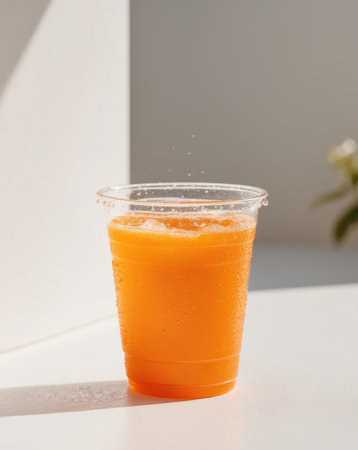 AI Generated. Refreshing cold orange beverage in plastic cup on summer afternoonの素材