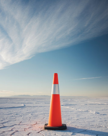 AI Generated. Single traffic cone on the salt flats as a vehicle markerの素材