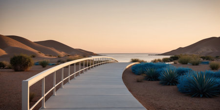 AI Generated. Bridge pathway to shore horizon hiking in architecture on sunrise hills desert blue garden desert bridge nightの素材
