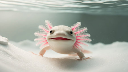 AI Generated. Cute axolotl with pink gills swimming in white environmentの素材