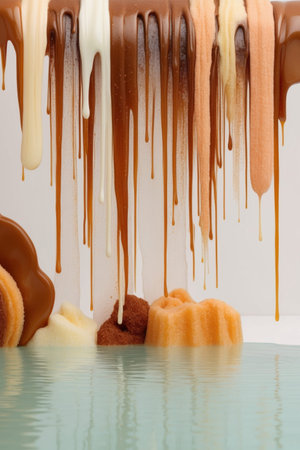 AI Generated. Caramel drizzle waterfall cascading into a candy lakeの素材