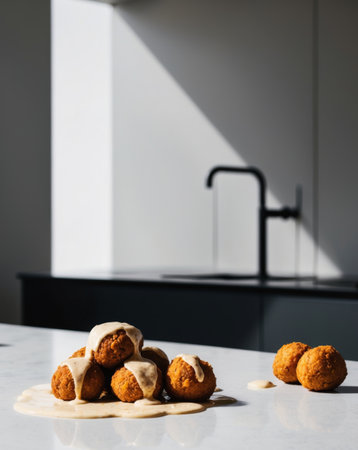 AI Generated. Golden falafel balls are drizzled with a creamy sauce on a dark counterの素材