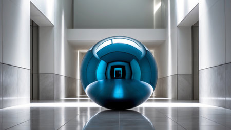 AI Generated. A Blue Reflective Sphere in a Modern Corridorの素材