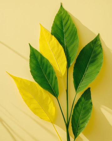 AI Generated. Green and Yellow Leaves on a Yellow Backgroundの素材