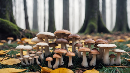 AI Generated. A cluster of mushrooms surrounded by a forestの素材