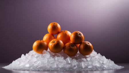 AI Generated. A cluster of oranges atop an icy mound adjacent to a purple backgroundの素材