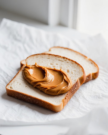 AI Generated. A couple of slices of bread atop one with peanut butterの素材