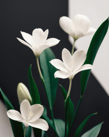 AI Generated. White Flowers with Green Leaves on Black Backgroundの素材