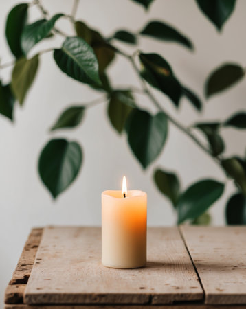 AI Generated. A Lit Candle on a Wooden Table with a Blurred Background of Leavesの素材